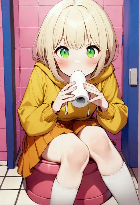  A pale-skinned German girl with green eyes and short blond hair.  She wears a mustard-colored hoodie ,  an orange pleated skirt ,  white socks , and converse roses .  She has a piece of toilet paper in her hand .  She is sitting on a pink toilet inside a ...