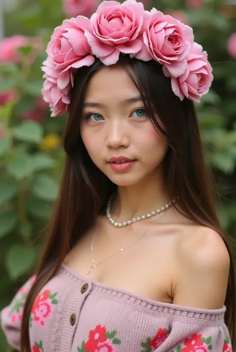 1Girl only. A very cute and young Filipina lady. She is adorned with flower head dress. Her hair is ultra thick and super straight. She is looking at viewer, brunette hair, bare shoulders, blue eyes, jewelry, full entire body, necklace, off the shoulder, f...