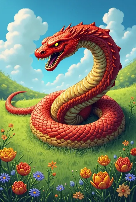 A drawing of a giant, long snake crawling through a vibrant green field full of flowers under a blue sky with fluffy clouds. The snake has a striking red color with golden scales that shine in the sunlight. Its demonic appearance is emphasized by glowing, ...