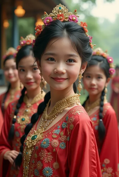 Best quality, masterpiece, realistic photos, intricate details, ultra-detailed, detailed faces, detailed skins, 8k masterpieces, cinematic, girls of different ethnicity in their traditional celebrating malaysia day
