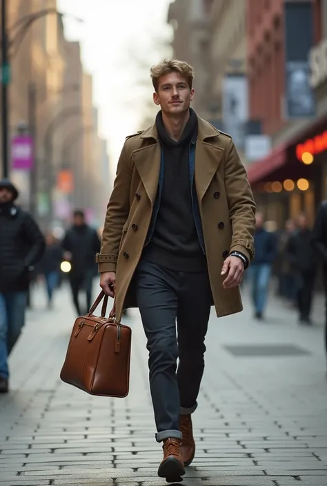 a young man walking with a new and beautiful bag that he bought