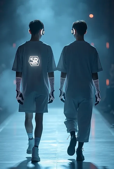  virtual reality image. Two handsome young K-pop idols , short hair skinhead, , Wear a glowing SXR design grey t-shirt, Walking on the runway of a fashion show .  The SXR brand cyberpunk dress has an unusual and modern design ,   featured sleeves  ./ The g...