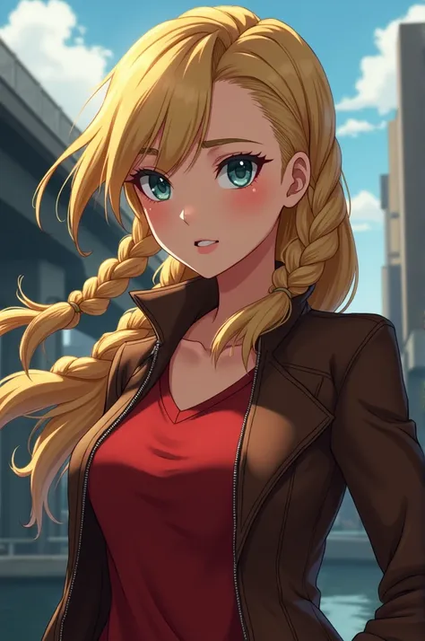  An anime-like half-close-up of Astrid Hofferson from DreamWorks Infinity Style with blonde hair and two braids.  She is wearing a brown leather jacket with zipper and a red shirt underneath . Astrid poses with a cool face.   The background is blurry , urb...