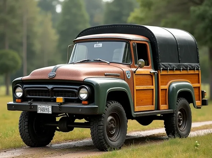 An image of a 1966 Ford truck with a wooden body and black tent with the license plate number PAB410