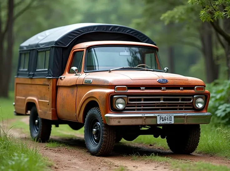 An image of a 1966 Ford truck with a wooden body and black tent with the license plate number PAB410