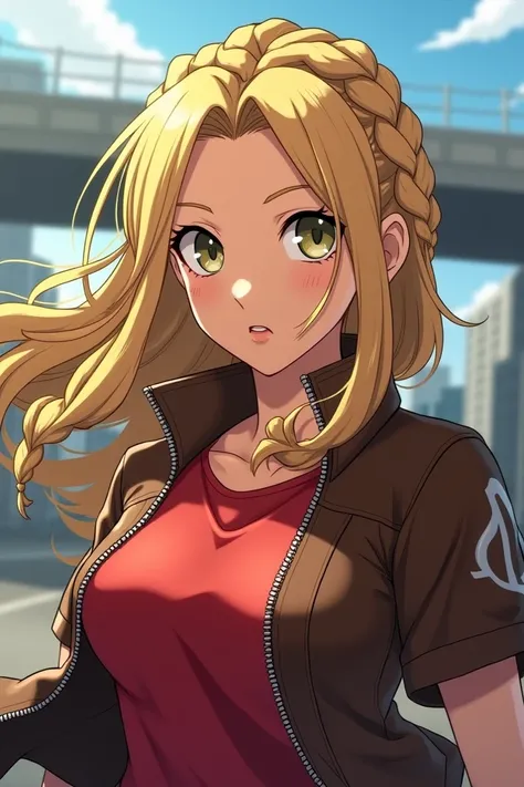   An anime-like half-close-up by Astrid Hofferson And battle mode from DreamWorks Infinity Style with blonde hair and two braids.   She is wearing a brown leather jacket with zipper and a red shirt underneath  . Astrid poses with a cool face .    The backg...