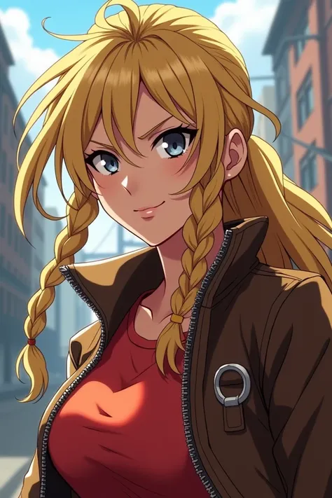   An anime-like half-close-up by Astrid Hofferson And battle mode from DreamWorks Infinity Style with blonde hair and two braids.   She is wearing a brown leather jacket with zipper and a red shirt underneath  . Astrid poses with a cool face .    The backg...