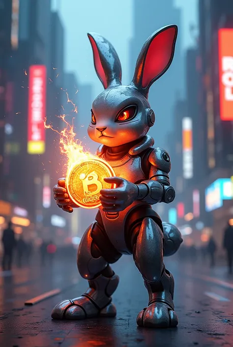 Futuristic rabbit with burning cryptocurrency Eliezel in his hands