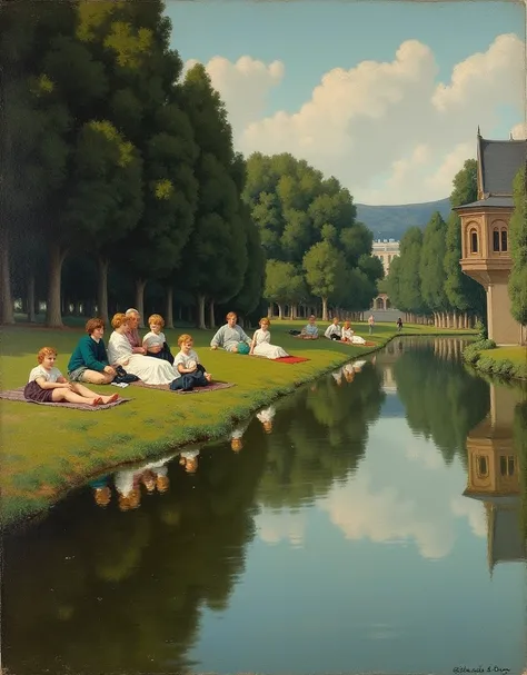  famous painting in the gallery ， Paul Cézannes 《 idyllic or idyllic 》，painting，1870 ，style， 65×81 cm ，Genre painting ， Musée dOrsay in Paris, France ，Pastoral scene， Several figures reflect the sky with a calm surface of water in various resting states ， ...