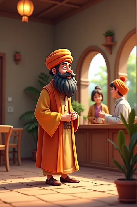 "A humorous illustration of a Pukhtan man with a big beard and traditional clothes walking into a small, cozy hotel. He is smiling and talking to the waiter with a polite expression, asking for a cup of tea. The setting is a rustic, simple hotel with woode...