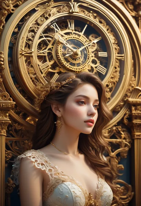 (best quality,4k,8k,highres,masterpiece:1.2),ultra-detailed,(realistic,photorealistic,photo-realistic:1.37),intricate mechanism of a mechanical clock, dreamlike atmosphere, worlds most beautiful girl, fine illustrations, antique gold and brass material, en...