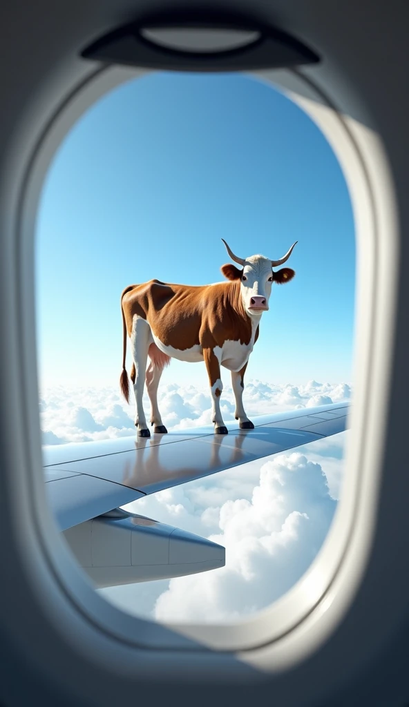 A surreal and humorous scene viewed through an airplane window, showing a cow standing on the wing 

of a flying airplane. The cow is positioned confidently as if balancing 

effortlessly, with a backdrop of a bright blue sky filled with fluffy white cloud...