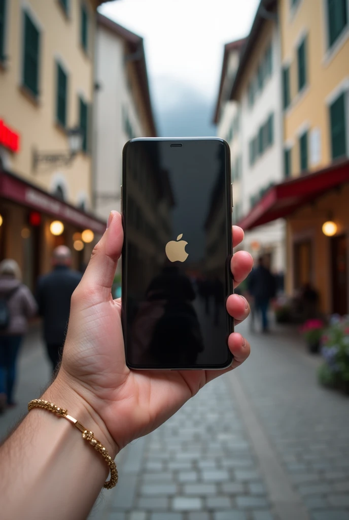 create an image of a mans hand holding an iPhone with the screen facing the camera. the man is wearing a thin gold bracelet on his wrist. the background appears to be a popular street in switzerland. 8k. lor4.