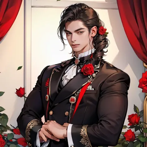 Victorian male opera singer，Nightingale with roses，The black and red costumes have rose elements，Noble hairstyle，male people