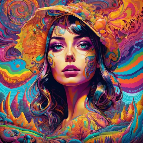 Psychedelic Abstract Art, Beautiful girl holding an umbrella、move to the right、Startle, Melting, Vibrant colors, Pop art paintings inspired by Michael DeForge, Dan Mumford, tumbler, Psychedelic Art, Psychedelic Illustration, Psychedelic Acid Trip, Psychede...