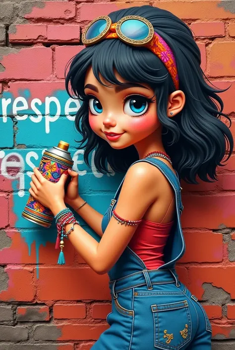 create a cute Filipina style woman 3D vandalize on brick wall with written word" Respect”. the woman hold the paint spray.