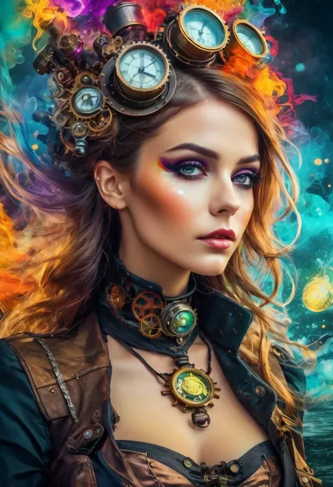 A gorgeous steampunk and psychedelic women portrait with beautiful colors and in the background explosions of water of full colors mixed