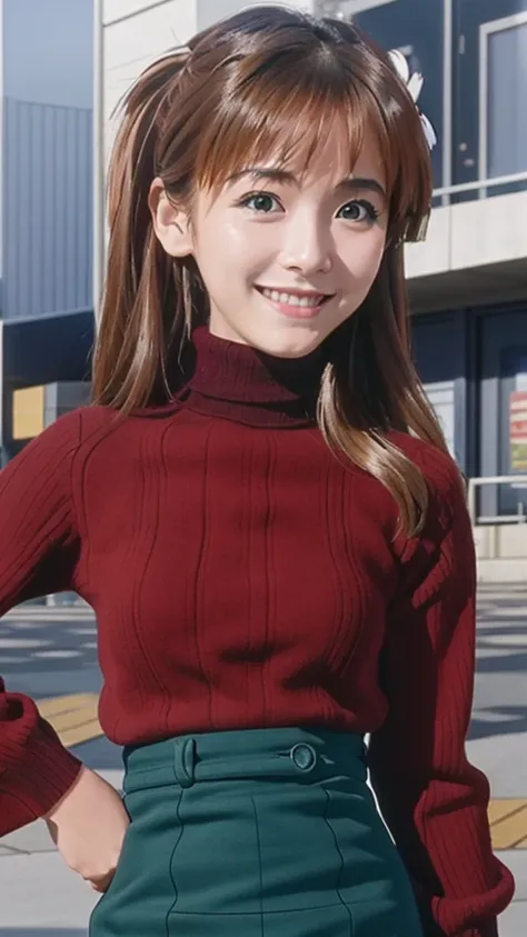 pixel perfect, Perfect in every detail, alone, 1 girl, Saten Ruiko, medium breasts,wave hair,turtleneck,,mini skirt,smile,stylish pose,stylish angle,looking at the viewer,in the center of the image,alone,