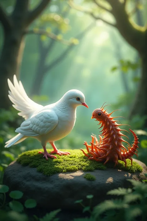 Here is a detailed prompt for the image you requested:

"An elegant dove and a vibrant centipede face each other in a mystical forest. The dove, with pure white feathers and gentle eyes, stands gracefully on a moss-covered stone, its wings slightly outstre...