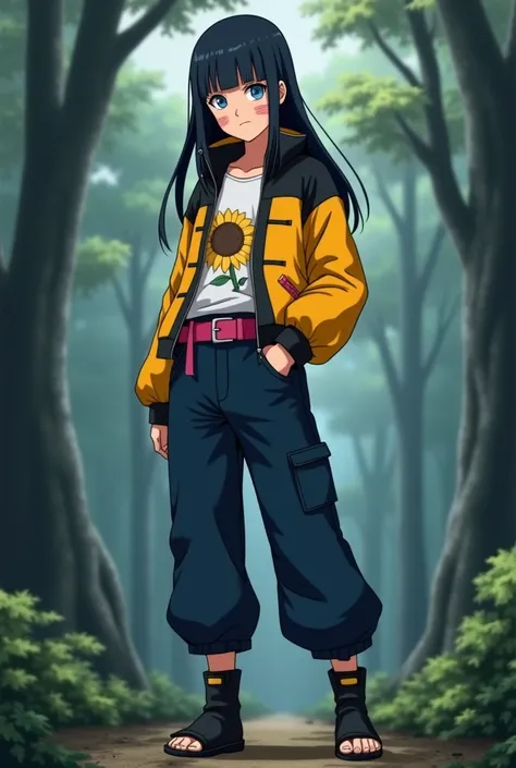 
"A young and tall female shinobi with a modern and stylish look. She has long, black hair with straight bangs and piercing blue eyes she has whisker like two lines on her each cheek. Her outfit includes a yellow and black jacket with a sunflowers 2D image...