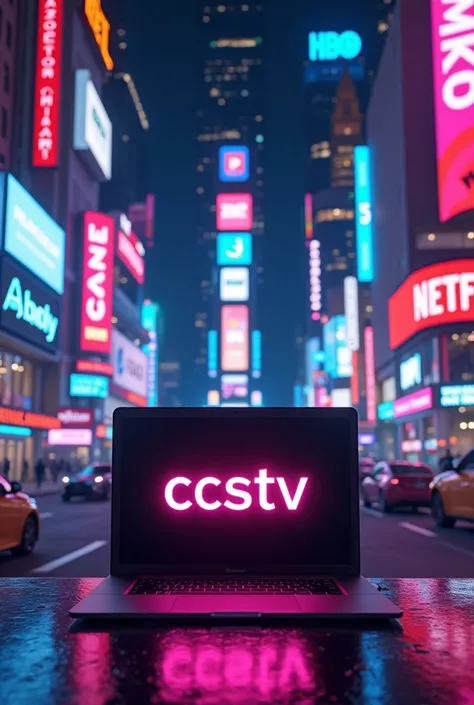  Local with neon lights with Disney logos , HBO, Amazon Prime and Netflix , With laptop with the word CCSTV