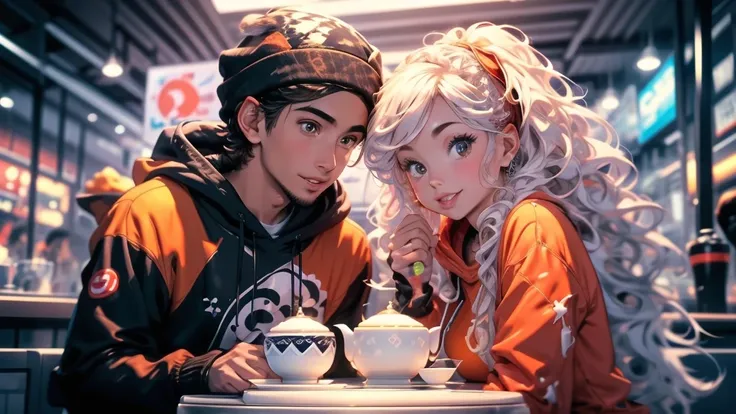 A very friendly looking couple is sitting at the counter of a conveyor belt sushi restaurant. The young husband wearing a headband is eating shrimp sushi while the young wife wearing a triangular hood is pouring tea into a teacup.