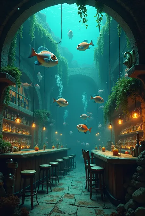 Under water bar with drunken fishes