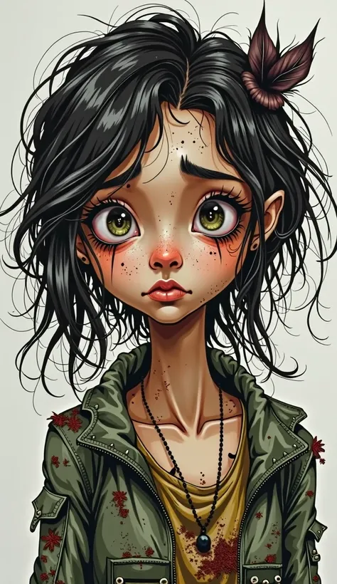 ((Exquisite)), ((Masterpiece)), (Detailed), Perfectly drawn face,  post-apocalyptic Brazilian girl, tired eyes, narrow eyes, big eyes, ragged and rotting clothes, hair tangled in torn Bree. Skin damaged from dirt and sludge, s pitiful expression looking at...