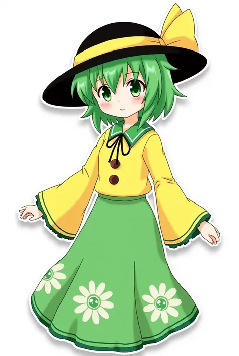 komeiji koishi, 1girl, hat, hat bow, green hair, green eyes, yellow shirt, green skirt, long sleeves, wide sleeves, floral print, third eye, eyeball, Paper cutout, sharp edges, cartoony style, black and white, light color