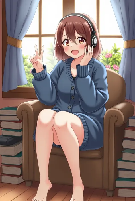 (nakano miku brown hair hair between eyes dark blue cardigan headphones detailed fingers beautiful hands), (((style season2: 1.2))), smile, French window, French door, ((piles of books)), barefoot, wooden floor, oversized clothes, sitting on a chair, light...