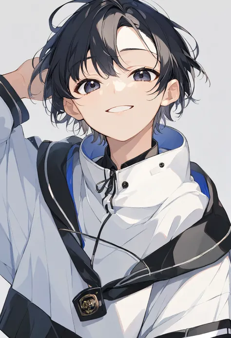  1 boy 、Beautiful Youth ,  smiles,  Gentle Expression 、 black hair、 short hair on the side of the uniform、Clear, dark eyes,  White Hoodies ,   casual clothes、 upper body、 simple background、Overlooking、whole body、 High Quality 、 High Quality