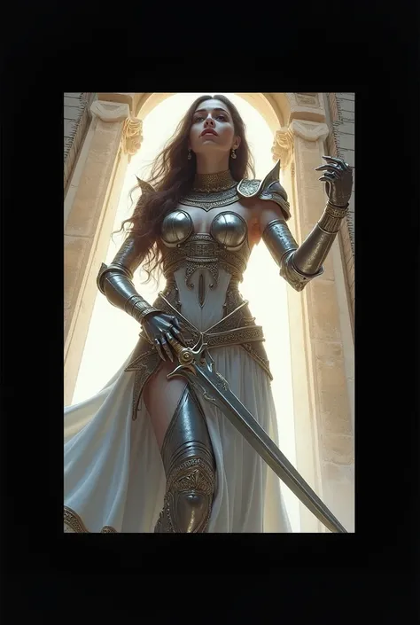  heavenly armor ,  Tall woman, elegant, portals dimensions ,  spiritual symbols , angelic sword, wisdom, Egyptian Civilization, Old books, Mystical woman,  high level of spirituality 