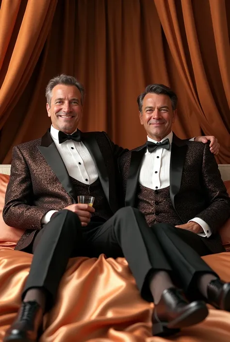 Two middle-aged men wearing shiny satin tuxedos riding show off their cool ass on satin bed with lots of satin pillows