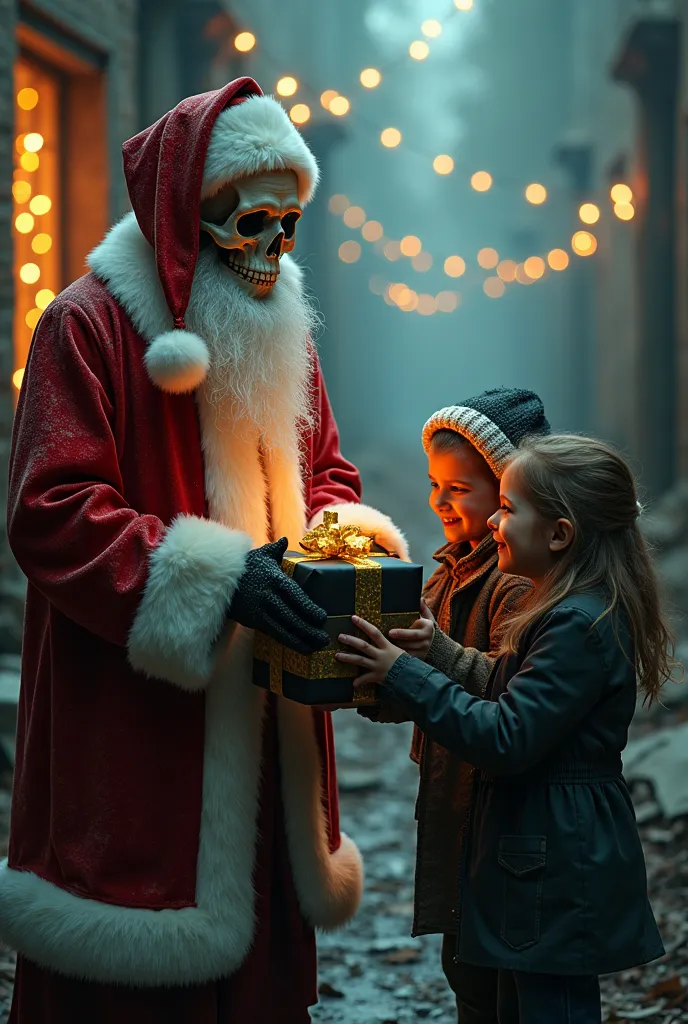 Dans un decor  apocalyptique, le père Noël à la tete de mort , offre aux enfants cadeaux emballés de noir et enrubannés en or. Le visage du père Noël noel ressemble à du verre . Leq enfants ont l'air heureux. Des guirlandes allumées éclairent la scène et semble égayer cette scène.