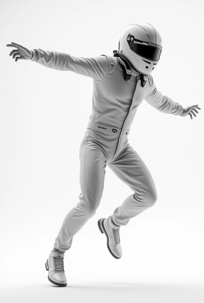  a full-body animated 3D racing driver, extending an arm with a white background 