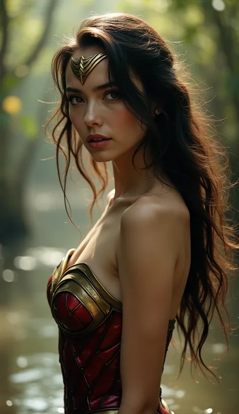 Soak Your Chest in the Swamp 、 wonder woman 。  brown hair、masterpiece、 beautiful girl with a fan 、  beautiful eyes 、Swollen eyes、A silver lining、最 High Quality 、超 high definition 、(reality:1.4)、 Movie Lighting、Very beautiful、The perfect  wonder woman  cosp...