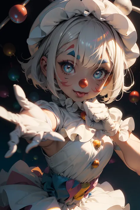 (chibi:1.3), 1girl, solo, cute, young, silver hair, bob cut hair, (:p:1.3), (🤡, clown’s hat, white gloves, clown makeup’s:1.3 ), dynamic pose, dynamic angle, exciting, enjoying, amazing, 🎪,🐅,🐘,