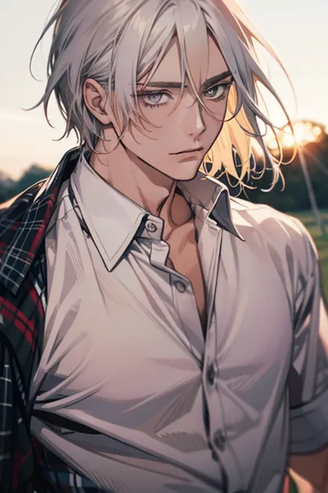 (1 man),close up shot, very long white hair, muscular, flannel shirt, farm background 