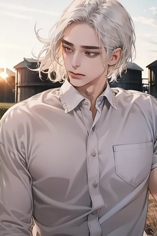 (1 man),close up shot, very long white hair, muscular, flannel shirt, farm background 