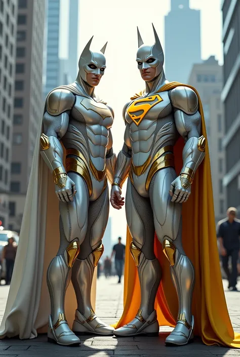 Superman, Batman, Stand Together, Weared Full White And Golden Color Suits. With Mask, Beautiful Combination Of White And Golden Color, Full Body, Marvelous, Awesome, Realistic, High Detailed, Background In City 