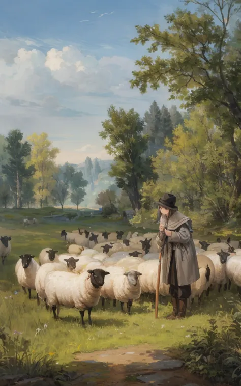 (best quality, masterpiece, photorealistic, elaborate details:1.2), a serene pastoral idyll scene of a shepherd and his flock of...