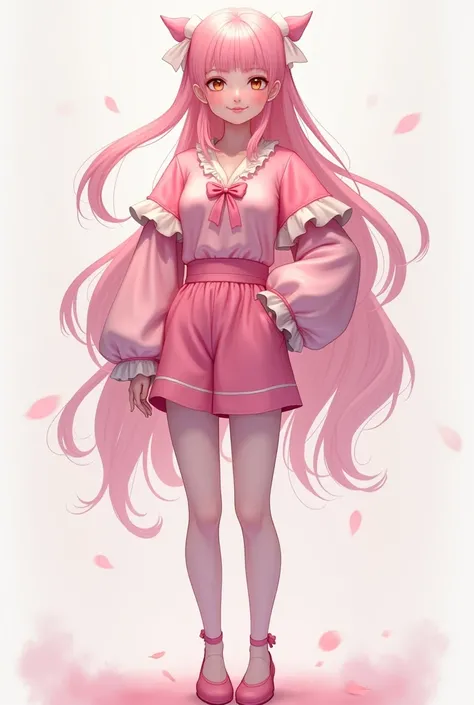 Its okay like that but
I want her to be an adult not a chibi who has a long pink top with a bow on the chest and that is long sleeves wear shorts with loose pink tights and with a bow 

