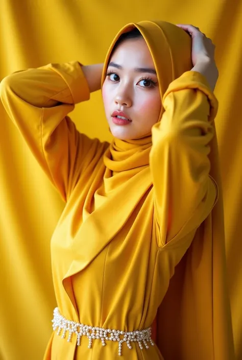 A Korean woman,  pretty face glowing white smooth and cute wearing a dark yellow hijab that is in a neat belt backwards wearing an Asymmetric blouse top wearing a pearl waistband, The woman is gracefully posing stylishly Pose hands on head , sharp gaze loo...