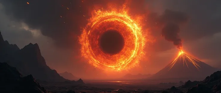  imitating Saurons eye on fire watching over shadowy Middle-Earth, with an erupting volcano  