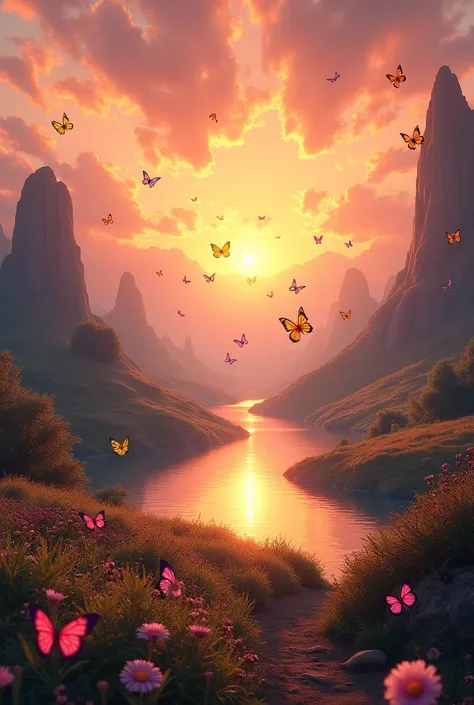 Beautiful landscape, lot a butterfly, sunset