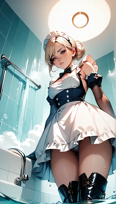 Anime Women,  maid outfit , Thigh boots drowning in the bath, elbow gloves, Alone, straddling on face, Push your head under the bath water, From below, looking down, Point of View Shot