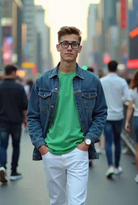 A handsome of  boy is wearing a green white t shirt and blue denim jacket, white jeans with white shoes, black glasses, and a watch in his hand,  Standing on a bridge where many people are walking and commuting.. 8k ultra HD realistic photo.