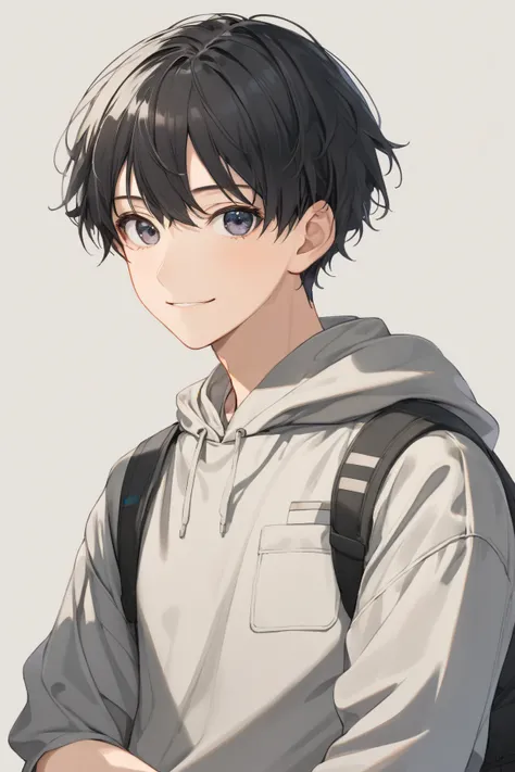  1 boy , Black Hair, bangs,  short hair on the side of the uniform,  mash hair,  smiles, Clear, dark eyes,  Gentle Expression ,  HOODIE,  casual clothes,  simple background, Overlooking, whole body, Illustration,  high definition ,  best quality, 