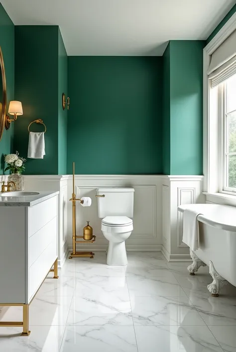 Bathroom. Paint one accent wall emerald green and use white fixtures to contrast. Add gold or brass hardware to elevate the richness of the space.