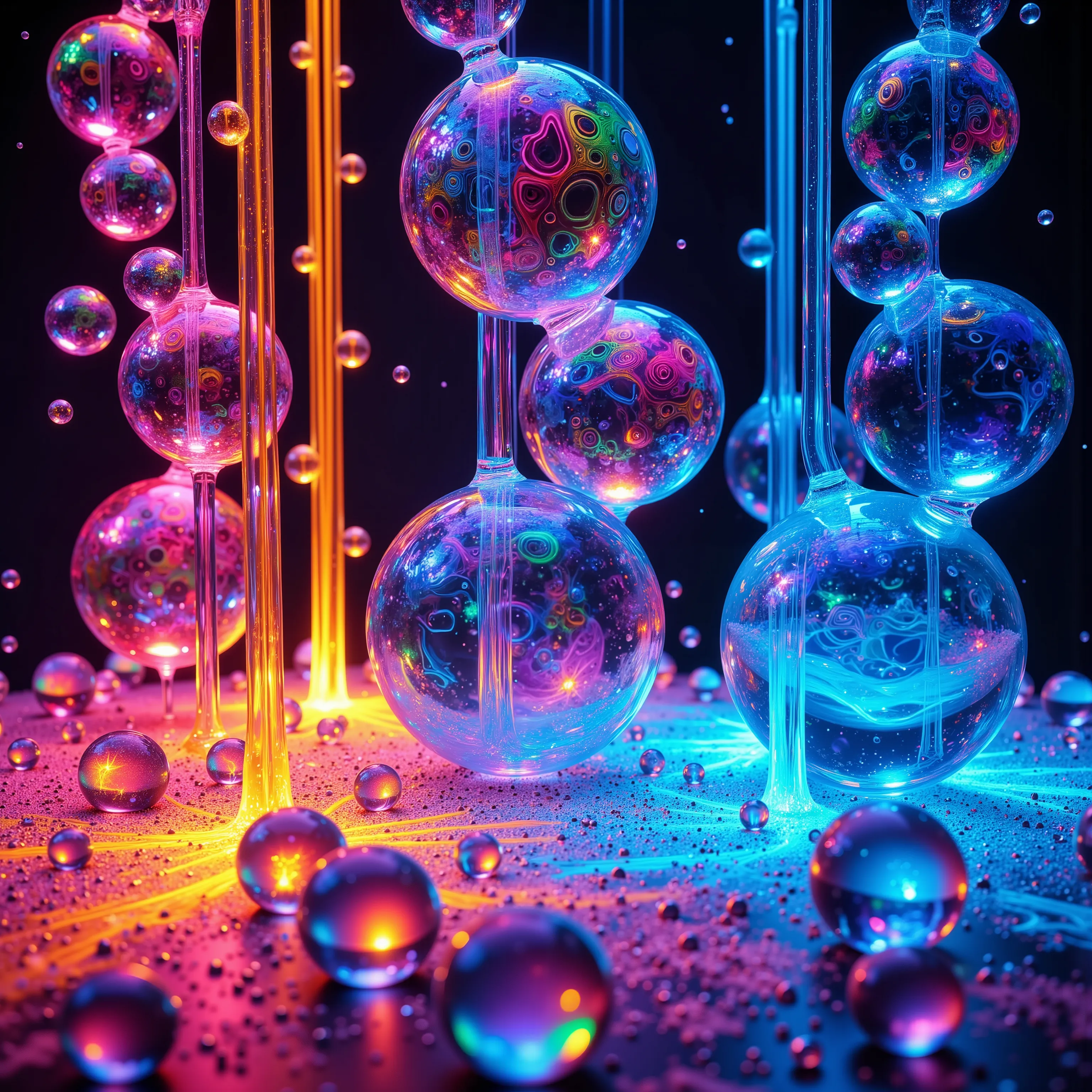 glass orbs overflow and spill out intricate rainbow patterns that fill glass bubbles that melt and dissolve with bobbles and col...